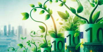 A series of euro banknotes from which flourishing vegetation sprouts and grows towards the sky, representing green finance. In the sky, a flock of birds is visible, providing a metaphor for a cooperative way of working, and upon the horizon the image of a city recalls the concept of governance. 