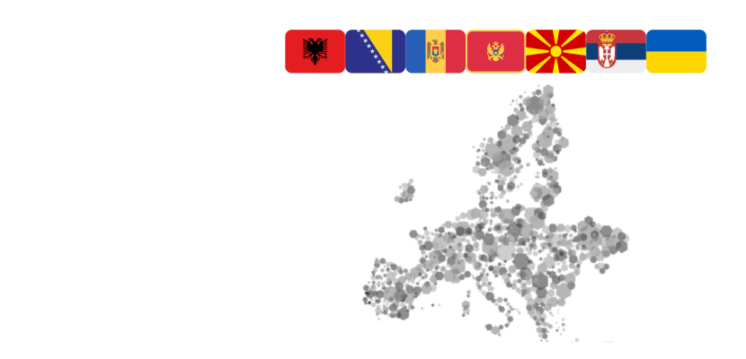 Greyscale map of Europe with flags of new countries in programme as of 2024
