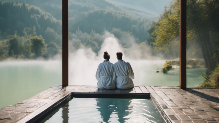 two people wearing bathrobes sitting at a thermal pool looking at nature and steaming water