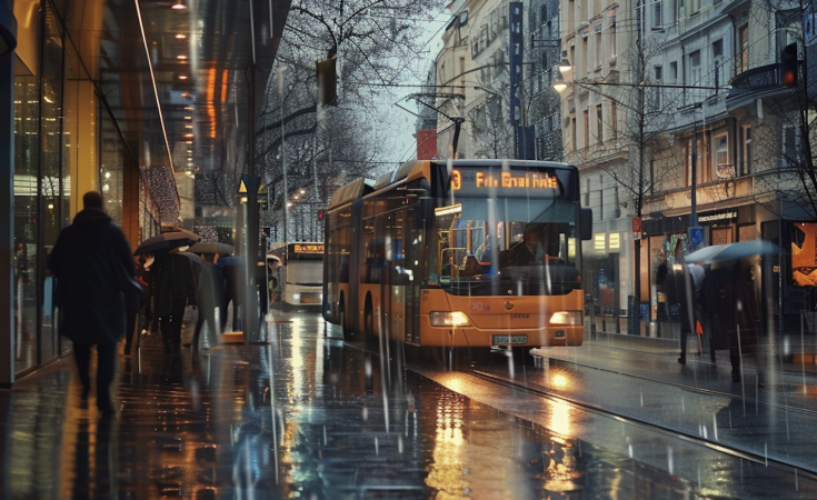 Bus driving through rainy shopping street