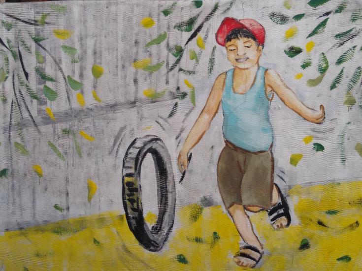 Painting of boy playing with wheel