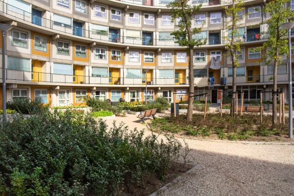 Social housing complex with green garden 