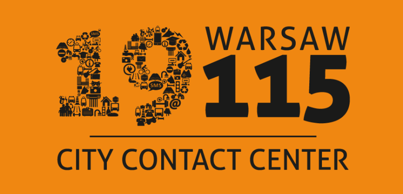WARSAW 19115 City Contact Center on a yellow background in the center the digits 19115, on the right the inscription Warsaw, under the numbers the inscription city contact center