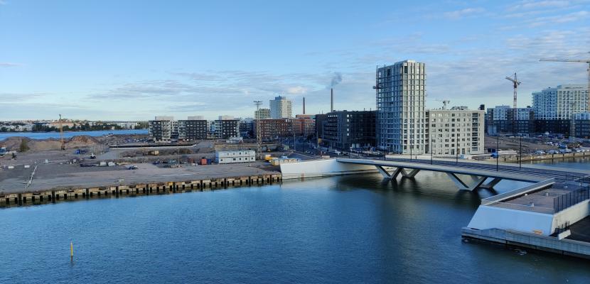 Buildings in industrial area next to river bank