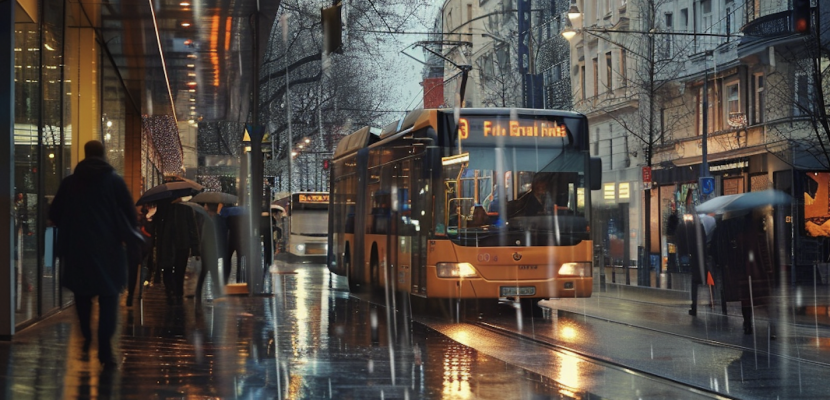Bus driving through rainy shopping street Bus driving through rainy shopping street