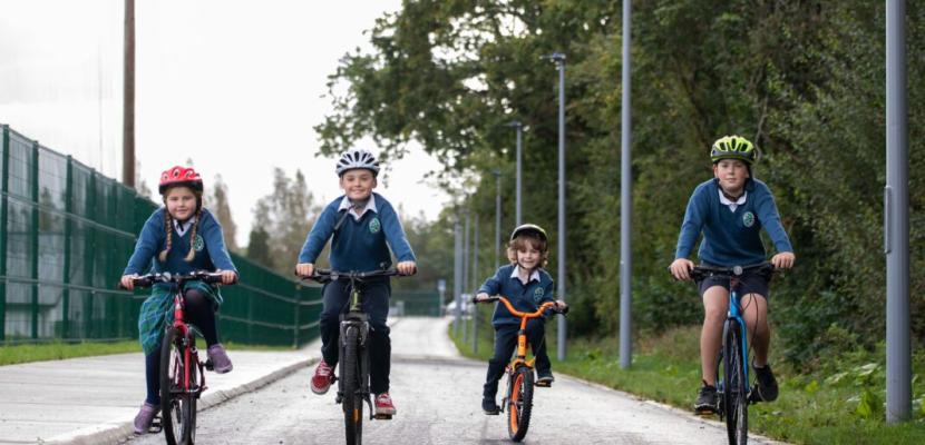 Pictured at the official opening of the Castletroy Greenway were, Gaelscoil Chaladh an Treoigh pupils, Cliodhna de Brugh, Hugo O longain, Oisin Poole and Luc O Murchu. Four children cycling on Castletroy Urban Greenway