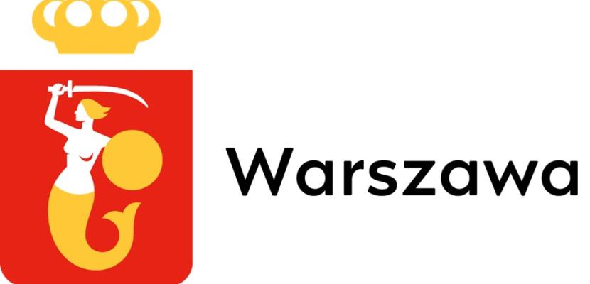 crest of the city of Warsaw on the left, the coat of arms of the city of Warsaw on a red background, a mermaid holding a sword in her right hand and a shield in her left. on the right side, the inscription Warszawa