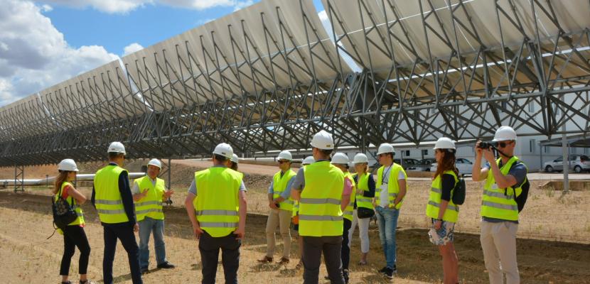 Group of people in high visibility protection clothing visits solar panel installation