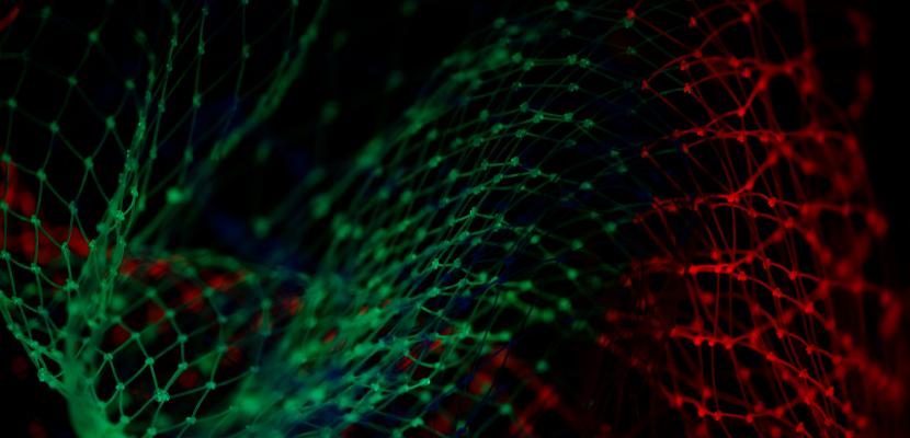 Digital network made by nodes Red and green digital network made by nodes