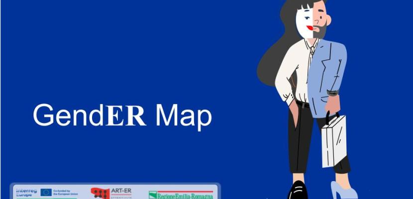 GendER Map - Gender equality and work: mapping Emilia-Romagna best practices presence of an icon representing a human figure that is neither male nor female in the workplace, which refers to the theme of the tool presented as a good practice: gender equality and work. The word gender is written with the two final capital letters "ER" with reference to Emilia-Romagna. In fact, it is a mapping of good practices to promote gender equality and inclusion in Emilia-Romagna. The image also includes the logos of those who made the work possible: ART-ER creator, DEBUTING project that finance