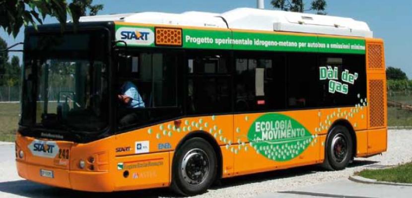 MHyBus orange bus for public transport - first bus fuelled with hydrogen and methane blend