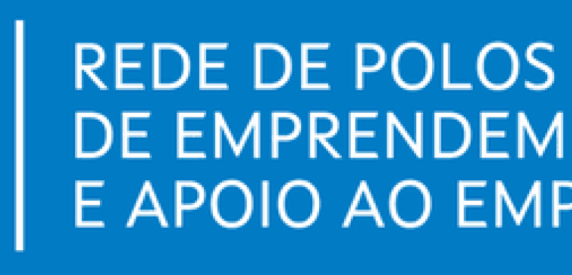 Logo of the network of entrepreneurship poles and employment support Against a blue background, the text reads "REDE DE POLOS DE EMPRENDEMENTO E APOIO AO EMPREGO" (Network of Entrepreneurship and Employment Support Hubs). Against a white background, a chalice is depicted with a circle above it, a crown, and seven crosses.