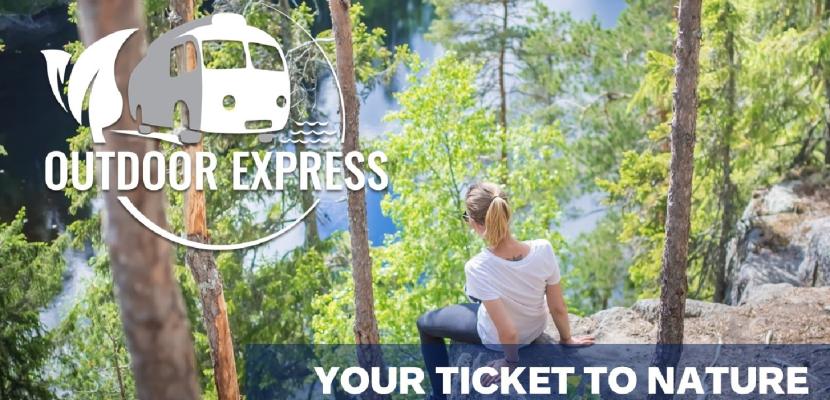 Outdoor Express A young woman sitting on a cliff in the forest. Outdoor Express logo and Your ticket to nature slogan for the sevice.