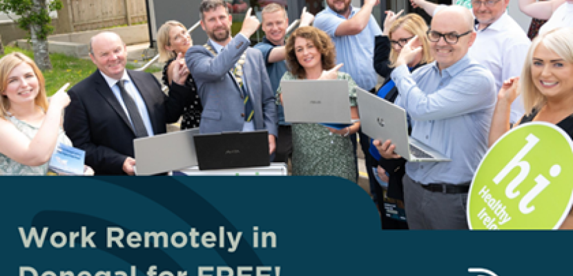 Work Remotely in Donegal for FREE! Group of people promoting the "Work Remotely in Donegal for FREE!" outside a remote working hub.