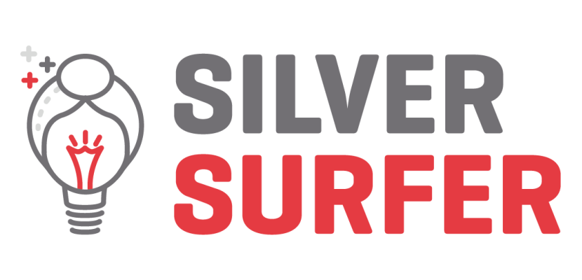 Silver Surfer Logo Pictogram of a lighbulb with the words "Silver Surfer" in grey and red on the right