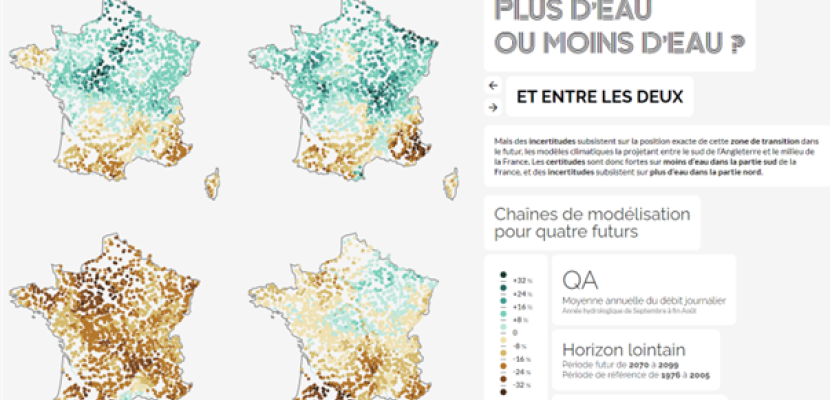 “Meandre” website page presenting the results of the Explore 2 project Presentation of projections on river water flow in the middle and end of the century according to 4 global warming storylines