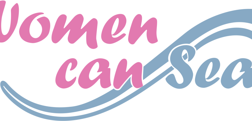 Woman Can Sea Project - Gdańsk Entrepreneurship Foundation Pink and blue "Women Can Sea" lettering. Blue wave pattern.