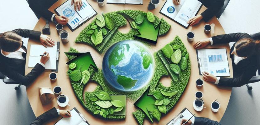 Collaboration for green hydrogen economy Business people sitting around the round table with an image of Earth