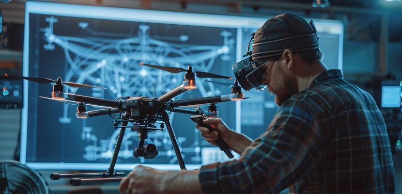 Man setting up a drone in a R&D environment