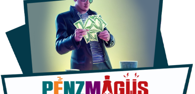 Money Magician competition brand image The image features a character dressed as a magician, wearing a black top hat, sunglasses, a dark jacket, and a striped shirt. He is holding multiple money bills in his hands, examining them with a confident expression.