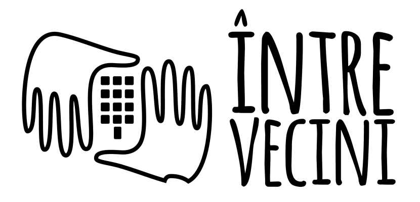Intre Vecini logo Two hands holding a maze in between and the text ”Intre vecini"