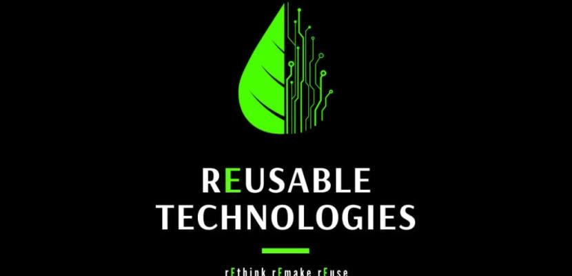 'Reusable Technologies' written in white on a black background with a leaf to the left as well as the words rethink, remake, reuse written under 