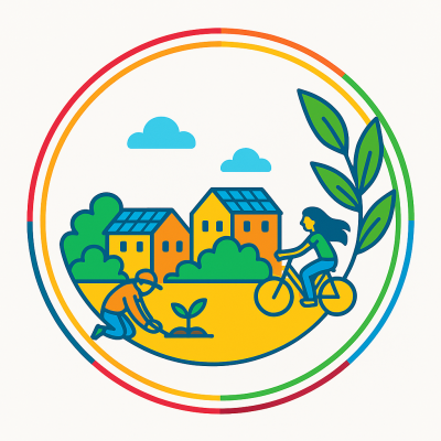 SDGs Go visual, representing a city in the background with one person gardening in the front and another one cycling. 