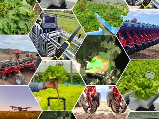 The photo collage showcases various technologies and tractors working in agricultural fields. There is also a lot of greens