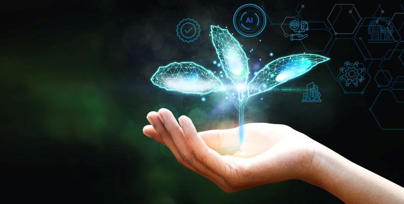 A human hand holds a digital, glowing sprout surrounded by small icons on a trustworthy AI.