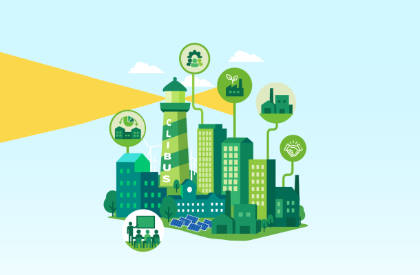city ecosystem of public and private actors - the light house represents the city authority and the various buildings the private sector. There are also icons repesenting collaboration, industry, energy, etc. 