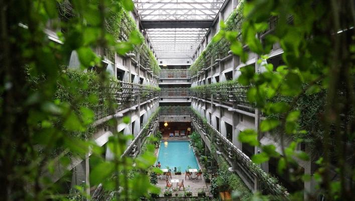 Hotel interior, modern architecture, green building, urban style, ecohotel displaying an indoor swimming pool and green planting