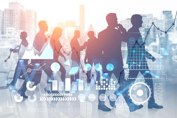 Digital skills, city, people walking with smartphone and tablet, graphs showing beter results