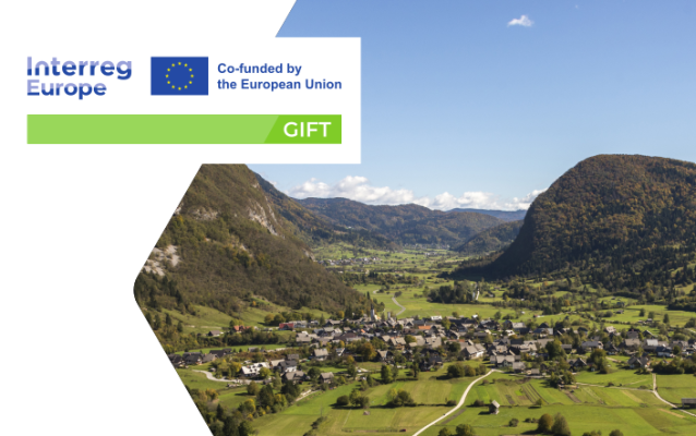 Interreg Europe GIFT logo, landscape, village, houses, forest, trees, interconnected landscape, mountains, clouds, sky