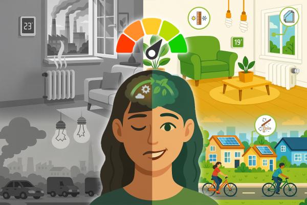 a girl in the middle, to the left energy efficiency bad habits to the right the good ones.