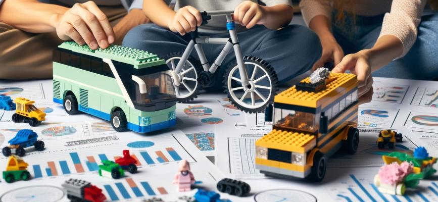 A bus, a bicycle and a school bus created with legos, and placed over a table where papers with charts and graphs are also placed