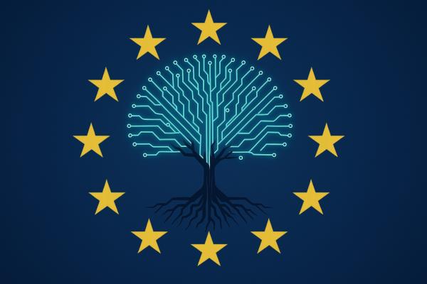 Representative image of the SHARPEI project depicting a stylised tree with luminous branches evoking technological circuits, symbolising technological connections and AI.  The entire composition is surrounded by 12 yellow stars on a blue background, recalling the European Union flag and emphasising the European context in which the project is taking place.