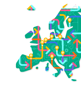 The image shows a stylish map of Europe, with highlighted partners.