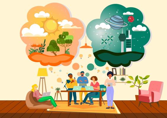 People sitting at a table, contemplating how to transform their reality so that the future is innovative and highly developed.