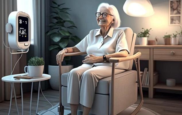 The image shows a smiling older lady sitting in a chair, next to her chair there is a table with telecare tools monitoring her vital parameters. 
