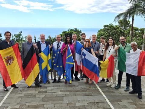 people standing with flags