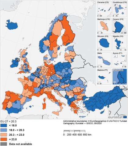 Map of people aged  below 65 years, by NUTS level 2 regions in 2019