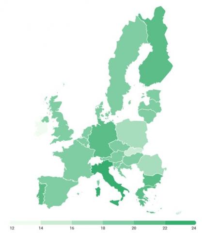 Map of the EU share of persons aged 65 or older per country in the European Union
