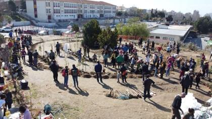 Large group of people participating in a community gardening event, planting trees and plants in an open urban space.