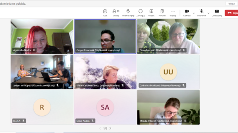 Project partners collaborating in an online meeting to discuss financial reporting and project updates, hosted by BSC Kranj. Screenshot of an online meeting with project partners from various organizations, featuring participants either on video or represented by initials. The meeting shows active collaboration and discussion, with a mix of attendees engaging in the session.