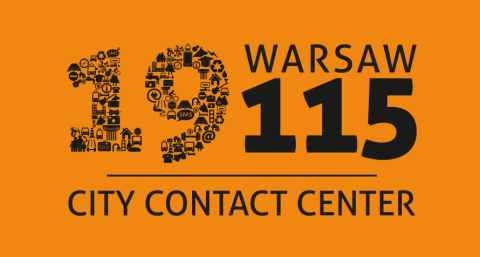on a yellow background in the center the digits 19115, on the right the inscription Warsaw, under the numbers the inscription city contact center