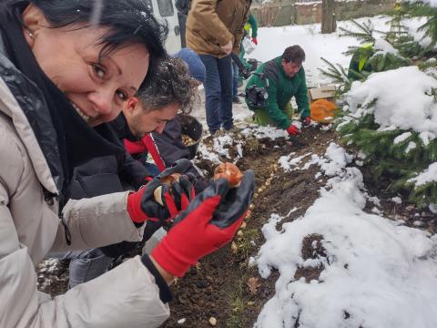 Katowice Stakeholder meeting 2 Happy person showing a thing to plant in the ground while outside gardening in the snow with other people