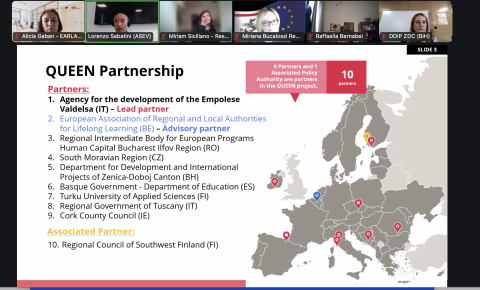 The image captures a screenshot from the QUEEN project's virtual kick-off meeting with the names of the project's partners