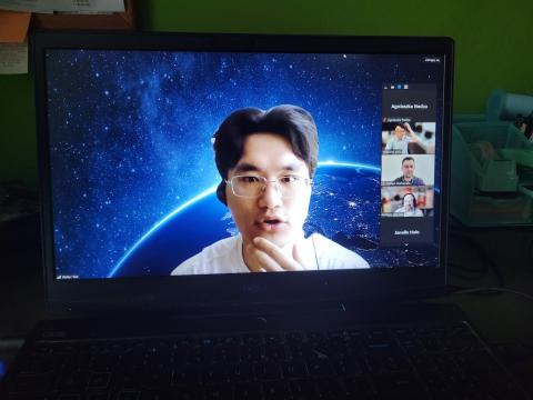 Dr. Heesung Woo presenting at the "Forestry AI Webinar - Robots in Forests," attended by our FBI4EU Communication Manager, highlighting advancements in AI applications for forestry. A screenshot of a Zoom meeting showing a presenter speaking with a virtual background of Earth from space. The participant panel on the right shows attendees including Agnieszka Nedza, Heesung Woo, Matías Mattamala, Philippe Giguère, and Janelle Hale.