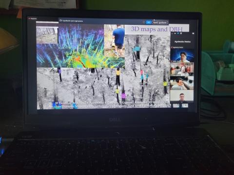 A slide from Dr. Philippe Giguère's presentation on "3D maps and DBH" during the "Forestry AI Webinar - Robots in Forests," attended by our FBI4EU Communication Manager, demonstrating advanced 3D mapping technologies in forestry. A screenshot of a Zoom meeting showing a presentation slide titled "3D maps and DBH." The slide includes various images of 3D mapping in forestry. The participant panel on the right shows attendees including Agnieszka Nedza, Walter Yen, Philippe Giguère, and Heesung Woo.