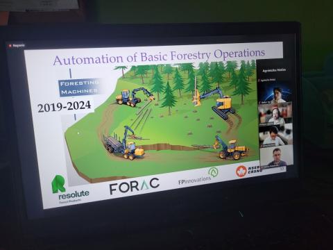 A presentation slide on "Automation of Basic Forestry Operations" during the "Forestry AI Webinar - Robots in Forests," attended by our FBI4EU Communication Manager, highlighting advancements in automating forestry tasks. A screenshot of a Zoom meeting showing a presentation slide titled "Automation of Basic Forestry Operations." The slide includes an illustration of various forestry machines operating in a forest. The participant panel on the right shows attendees including Agnieszka Nedza, Walter Yen, Philippe Giguère, Heesung Woo, and Matías Mattamala.